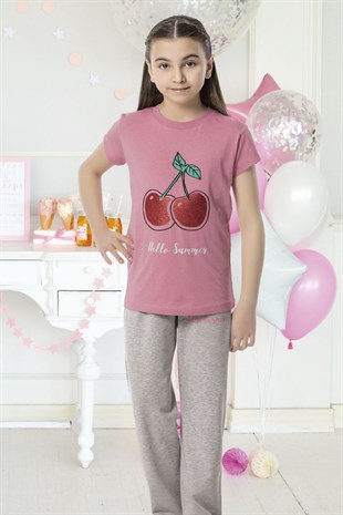 Hmd 6151 Kirazlı Kız Çocuk Kısa Kol Pamuklu Pijama Takımı