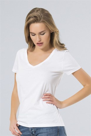 Kadın Beyaz Milano Derin V Yaka Basic T-shirt