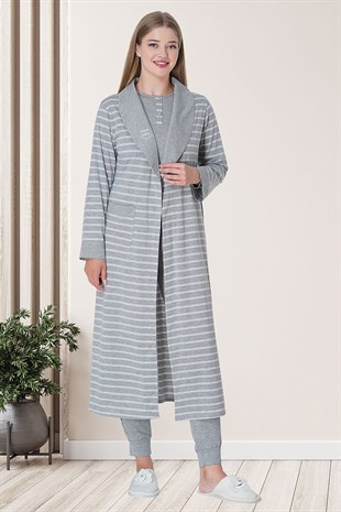 Mecit 5760 Beyaz Çizgili Gri Kadın Sabahlıklı Pijama Takımı