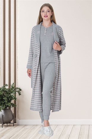 Mecit 5760 Pembe Çizgili Gri Kadın Sabahlıklı Pijama Takımı