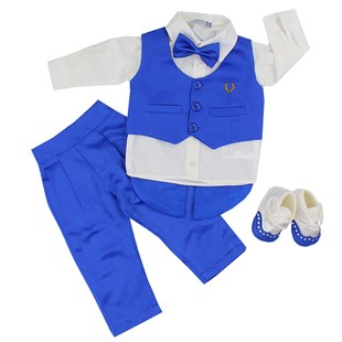 Pugi Baby 2036 Erkek Bebek Klasik Yaka Yelekli Mevlüt Takımı - Saks Mavi