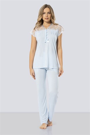 Türen Kadın Mavi Dantelli Pijama Takımı 3197