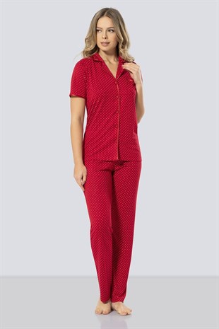 Türen Kadın Kırmızı Puanlı Önden Düğmeli Pijama Takımı 3291
