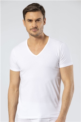 Cacharel 1306 Beyaz Erkek V Yaka Kısa Kollu T-Shirt