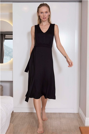 Monamise Kadın Siyah Sıfır Kol Kuşaklı Hamile Elbise 20022